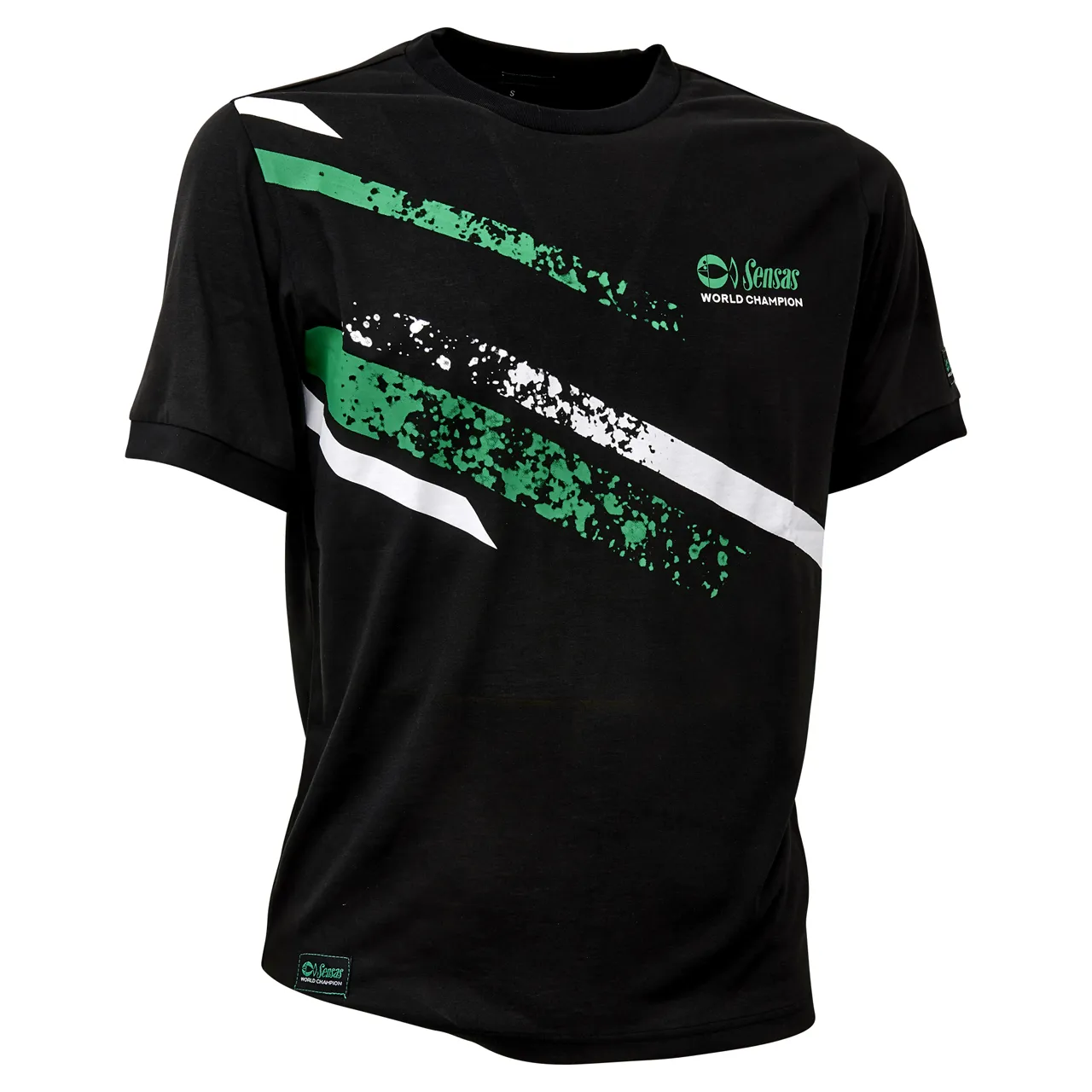Schwarzes Sensas T-Shirt Stripes mit grün-weißem Grafikprint und World Champion Logo